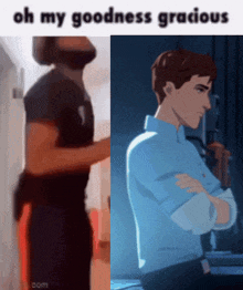 a man in a black shirt and a man in a blue shirt are standing next to each other