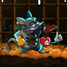 a cartoon character is holding a heart and giving a thumbs up sign