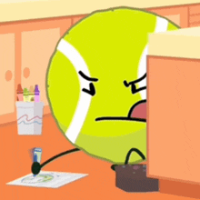 a cartoon drawing of a tennis ball with an angry look on his face