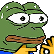 a cartoon frog is holding a yellow hand in front of his face .