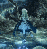 a girl in a blue dress is standing in a forest