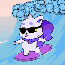 a cat wearing sunglasses is riding a wave