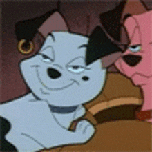 two cartoon dogs are sitting next to each other and one is making a funny face .