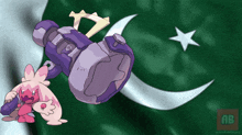 a cartoon of a rabbit standing in front of a green flag