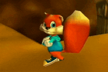 a cartoon squirrel wearing a blue hoodie and blue shoes is walking on a hill .