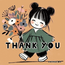 an illustration of a girl holding a bouquet of flowers with the words thank you written below her