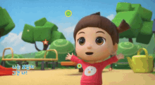 a little girl in a red sweater with an owl on it