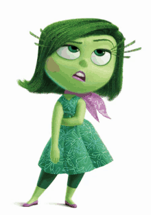 a cartoon character with green hair is wearing a green dress