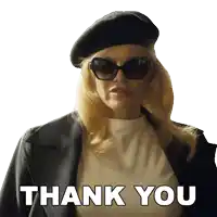 a woman wearing sunglasses and a beret says " thank you "