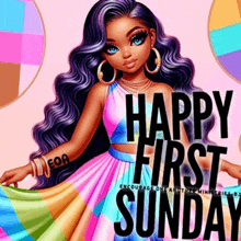 a happy first sunday greeting card with a girl in a colorful dress and earrings .