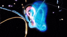 a cartoon character is being attacked by a blue and pink monster in space .