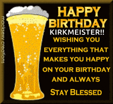 a happy birthday card with a glass of beer