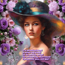 a painting of a woman in a hat with purple flowers in the background