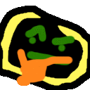 a cartoon drawing of a hand pointing at something with a green and orange face .