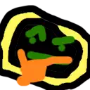 a cartoon drawing of a hand pointing at something with a green and orange face .
