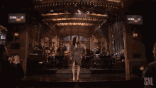 a woman singing on a stage with a snl sign in the background