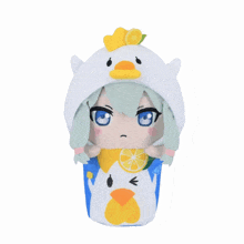 a stuffed animal with a white duck hat on it