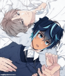 a couple of anime characters laying on top of each other with the words magical / psychic / demonic below them