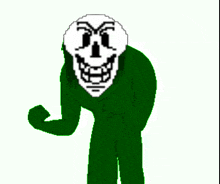 a pixel art drawing of a skeleton wearing a green suit and a white mask .