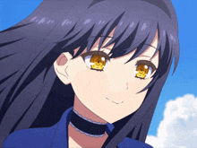 a close up of a girl with long hair and yellow eyes