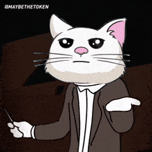 a cartoon of a cat in a suit holding a pen with maybethetoken written below it