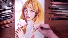 a drawing of a woman holding a flower is surrounded by colored pencils including one that says prismacolor on it
