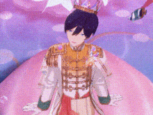 a boy with a crown on his head is standing in front of a pink balloon .