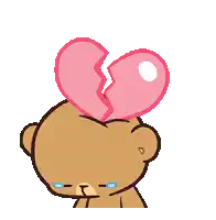 a teddy bear is crying with a broken heart on his head .