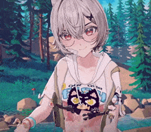 a girl with glasses and a shirt that says " cyber "