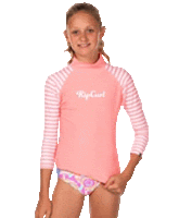 a young girl is wearing a pink and white striped rash guard and bikini bottoms .