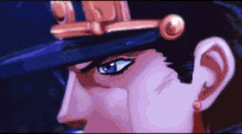 a close up of a cartoon character 's face wearing a hat .