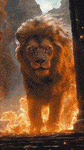 a lion is standing in the middle of a fire filled city