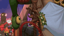 a cartoon drawing of a monster holding a pumpkin and a hula hoop