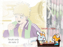 a drawing of a man and a rabbit with the words " teruki only de nate " on the bottom