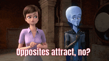 a woman and a man are standing next to each other and opposites attract no is written on the bottom