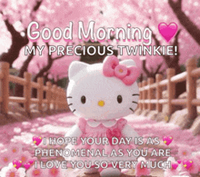 a hello kitty doll says good morning my precious twinkie