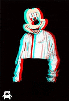 a person wearing a jacket with a mickey mouse head on their head .
