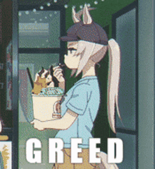 a girl with a ponytail is holding a bucket of ice cream and the word greed is on the bottom right