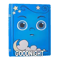 a blue book says goodnight with a cartoon face