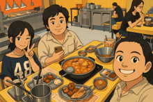a group of people sitting at a table with plates of food and a girl wearing a number 48 shirt