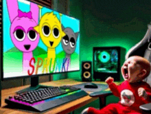 a baby is crying while sitting in front of a computer screen with the word sprunki on it .