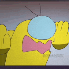 a yellow cartoon character with a blue eye and a pink bow tie is making a stop sign .