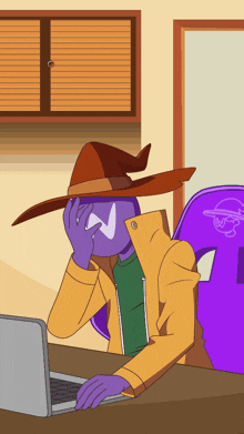a cartoon character wearing a witch hat is using a laptop computer