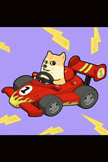a cartoon dog is driving a red race car with the number 1 on it