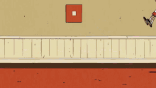 a cartoon character is standing on a red carpet in front of a wooden wall .
