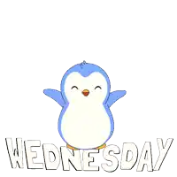 a blue and white penguin with the word wednesday below it