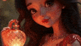 a woman in a red dress is holding a bottle of perfume .