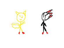 a yellow stick figure and a black stick figure with red claws on a white background