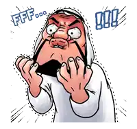 a cartoon of a man with a beard and a white hoodie screaming with the words fff behind him