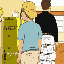 a cartoon of two men standing next to each other with one wearing a pair of buns shorts